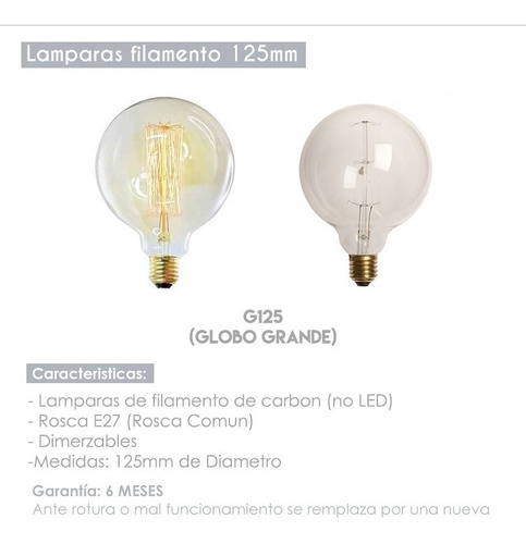 Imagen 4 de 7 de Lampara Filamento De Carbono G125 Globo 125mm (grande) G125