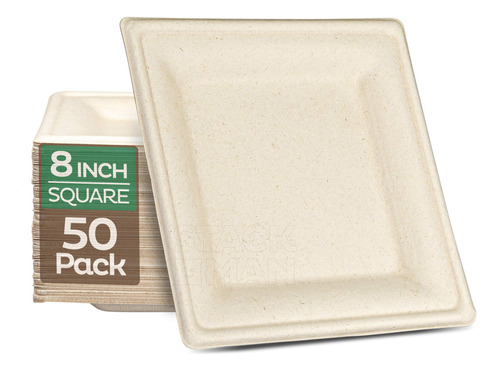 Platos De Papel Cuadrados 100% Compostables [paquete De 50]