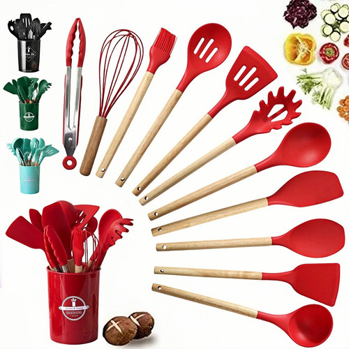 Juego De 12 Utensilios Cocina Silicona Con Espátula Madera Rojo
