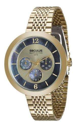 Relógio Seculus Feminino Dourado Fundo Azul 20541lpsvds1