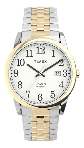 Reloj Hombre Timex Con Luz Fechador 38 Mm Tw2v401006p Correa Plateado/Dorado Bisel Dorado Fondo Blanco