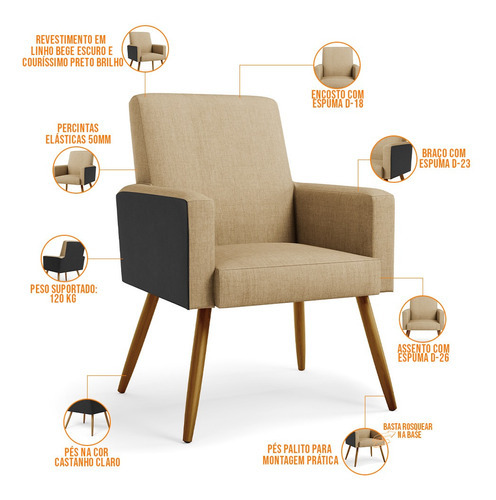 Sillón Maria Pés, lino, beige oscuro, Couríssimo, negro, color: beige oscuro, diseño de tela: liso