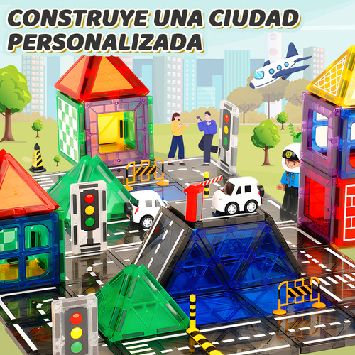 Juguetes Bloques Magnéticos Construcción Comunitaria Ciudad Ninos 70pzs, Juego de Imanes con Grúa Extensible, Coche, Semáforo, Stem Bloques Educativos Regalo de Navidad Niños Niñas 3+