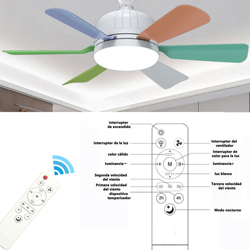 AUXTOO Ventilador De Techo Lampara Incluye Control Remoto 3 Velocidades Color Diámetro 52 Material De Las Aspas Plástico silencioso,6 Aspas Para Sala De Estar, Dormitorio,3000K-6500K Regulable