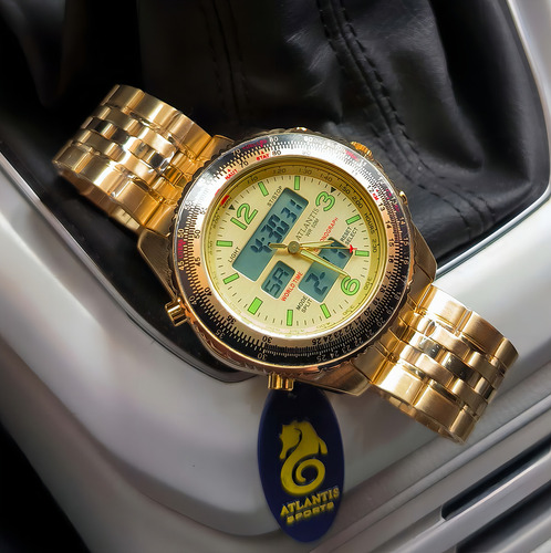 Relógio Masculino Atlantis Retro Prova Dagua Aviador Correia Dourado Bisel Dourado Fundo Dourado