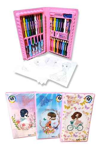Imagem 3 de 4 de Kit Estojo Escolar Maleta De Pintura Rosa 48 Peças Qualidade