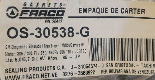 Empacadura De Carter Chevrolet 350 Tbi/f.i Vorterc 85 Goma