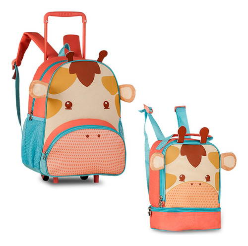 Kit Mochila Rodinha Lancheira Girafa 3d Bichinhos
