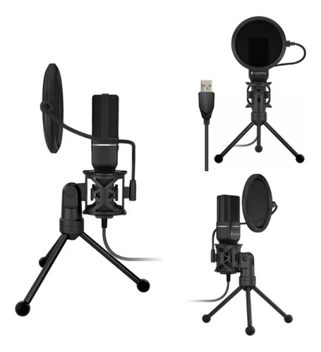 Microfone Condensador Mesa Com Pop Filter Streaming Podcasts