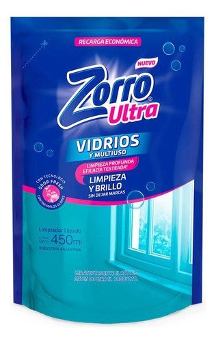 Limpiador Liquido Vidrios Recarga Doypack 450ml Zorro