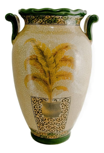 Vaso Grande Em Cerâmica Craquelê, Com Pintura De Palmeiras