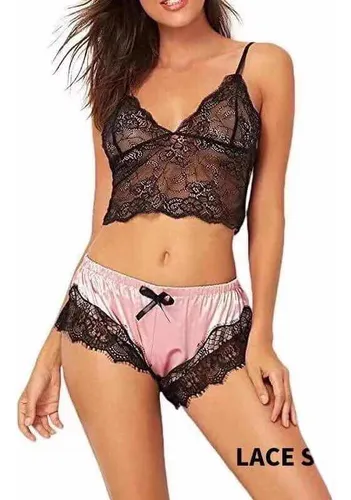 Conjunto Pijama De Encaje Y Seda Estilo Lencería
