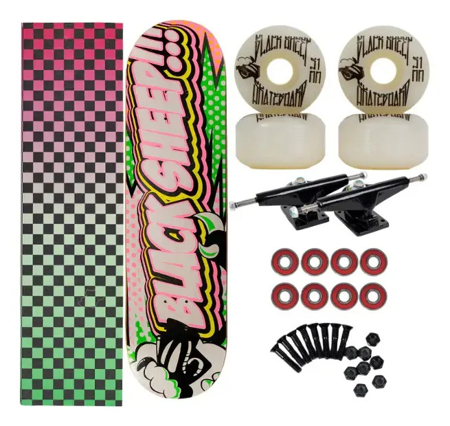 Skate Completo Profissional Black Sheep Montado Desenhos Rodas Gummy 8.0