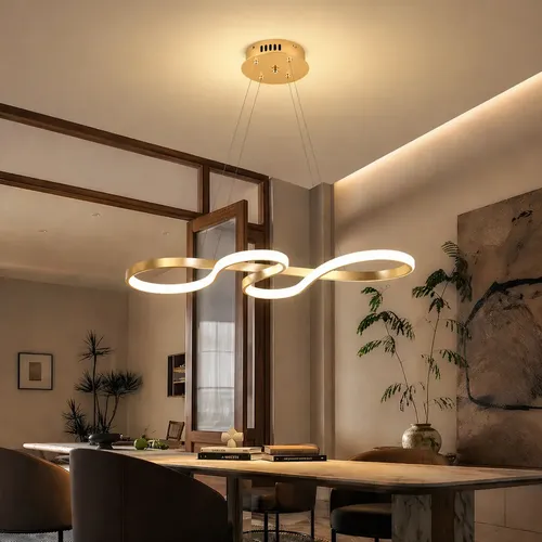 Lustre Pendente Led Moderno ​Dourado Ondulado, Luminaria Led Decorativa Para Sala E Quarto, Design Sofisticado, Iluminação Elegante, Lustre Sala, Luminarias Modernas, Tieesa D001 Dourado 127/220v