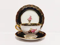 Comprar Trio Para Té Porcelana Alemana Hutschenreuther Cobalto Y Oro