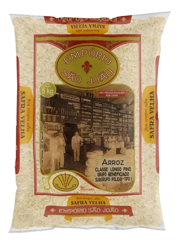 Embalagem frontal de 5kg de arroz Empório São João com ilustração histórica de armazém