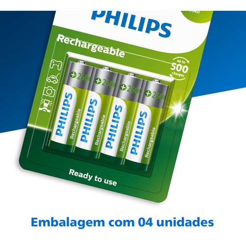 Kit 4 Pilhas Recarregaveis Aa Philips 2500mah - Envio Turbo
