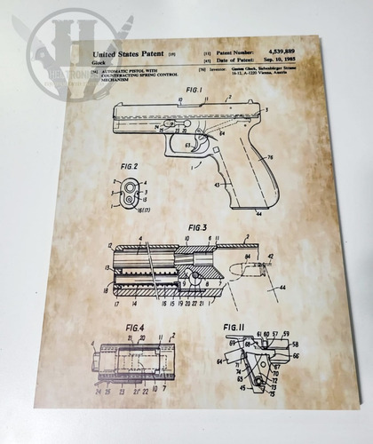 Cuadro Deco United States Patent Glock 29x40 Pistola Gun