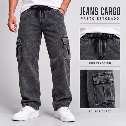Calça Cargo Masculina Jeans Cós De Elástico Streetwear Larga