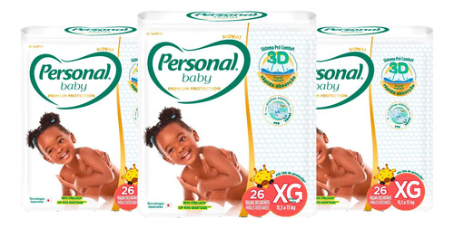 Kit 3 Fraldas Descartáveis Personal Baby Premium Protection Extra Grande (xg) Sem Gênero