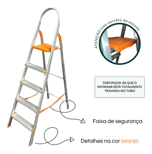 Escada De Alumínio 5 Degraus Com Faixa De Segurança Cor Alumínio/laranja