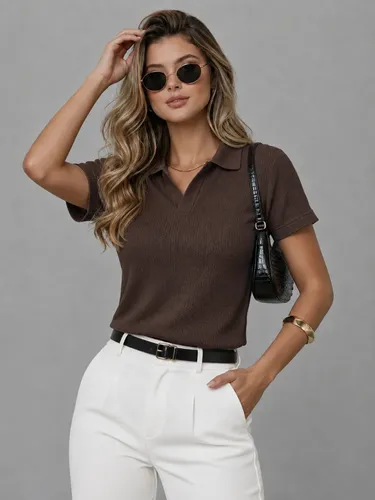 Camiseta Polo Wafle Feminina Texturizada sem Botão (3 cores)