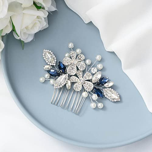 Flor De La Novia De La Boda Peine Azul Cristal Lado Xb7tw