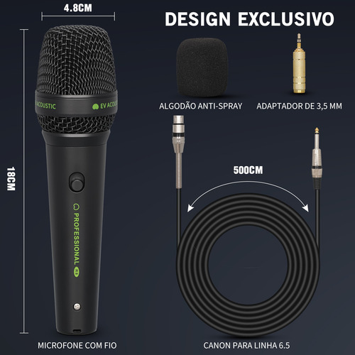 Microfone Com Fio Profissional Metal Para Karaokê Cor Preto