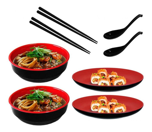 Kit Sopa/sushi 2 Tigelas + 2 Pratos + 2 Colheres + 2 Par Has