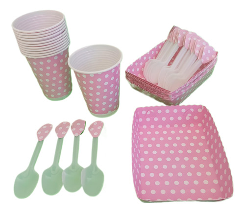 Kit Polka Rosado Vasos+bandejas+curbierto 36invitados