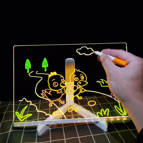 20*20cm Tablero De Dibujo Led Para Niños, Acrílico Transparente, Doble Cara, Borrable En Seco, Con Base Ajustable, Incluye 7 Plumones Fluorescentes, Luz Led Multicolor Y Nocturna