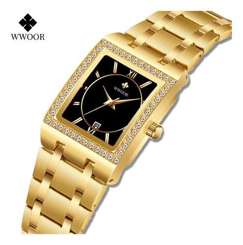 Relógios Femininos De Quartzo Wwoor Luxury Diamond Cor Do Fundo Dourado/preto
