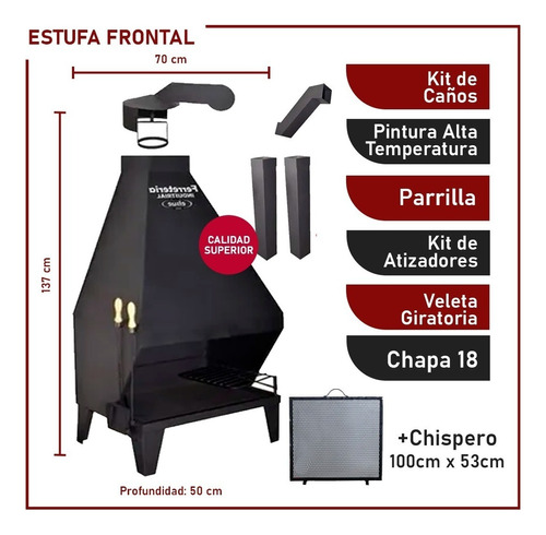 Estufa Frontal Leña Chapa 18 70x137 + Kit Caños + Chispero