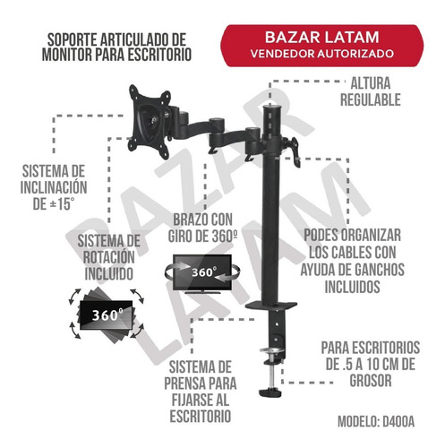 Imagen 6 de 10 de Soporte Monitor Led Escritorio Aluminio Full Motion 13 A 27