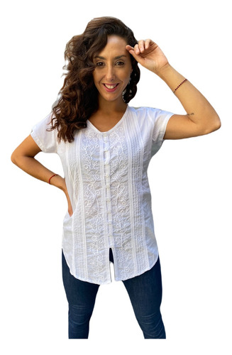 Camisa Blusa Blanca Algodon Batista Hindu Bordada Grande