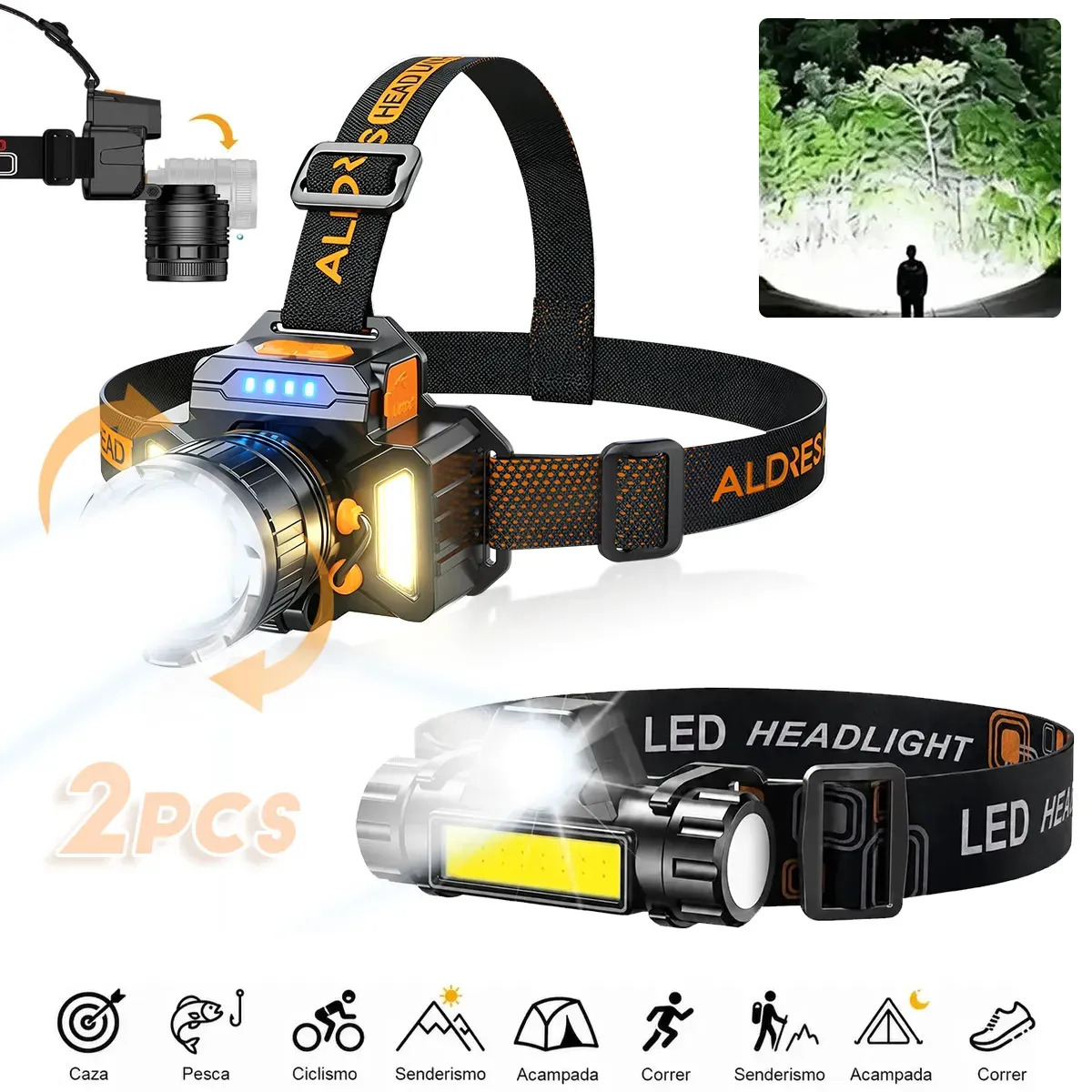 Pack de 2 Linternas Frontales LED KITCHOP Recargables con Sensor de Gestos y Zoom para Camping