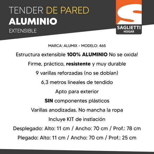 Imagen 3 de 8 de Tendedero Tender Pared Extensible Aluminio 70 Cm Reforzado