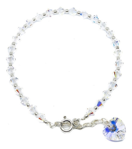 Pulsera Cristal Swarovski Dije Corazon Cuelga 10 Mm Plata