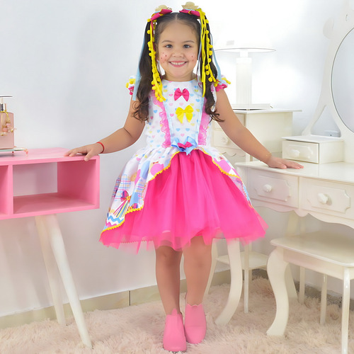 Vestido Junino Quadrilha Tule Rosa + 2 Laço Cabelo