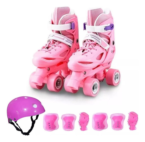 Patines 4 Rueda Ajustable Para Niña + Kit De Seguridad Casco