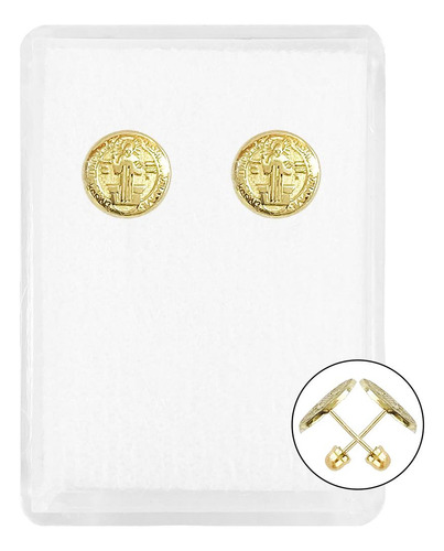 Joyaris Broquel Arete Boton Medalla San Benito Mujer Oro Amarillo 10k 7 Mm