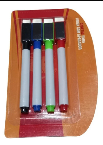 Kit 4 Canetas Com Apagador P/ Quadro Branco Lousa Magnética