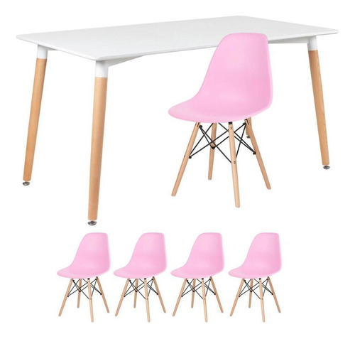 Conjunto Jantar Eames Mesa 140 X80  Cm 4 Lugares Cadeiras Cor Mesa branco com cadeiras rosa
