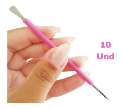 10 Espátulas Cuticula Mista Aço Inox Manicure Isis Cutelaria Cor Rosa