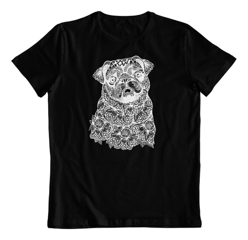 Polera Negra Algodon Estampado Dtf Pug Arte De Mandalas