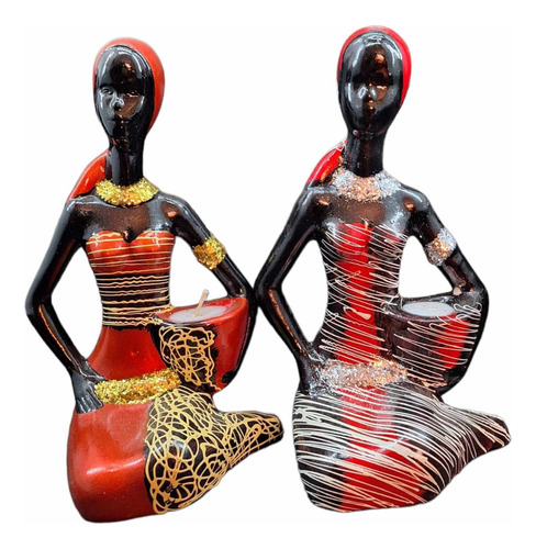 2 Africanas De Ceramica Hermosa Figura Decorativa De Hogar 