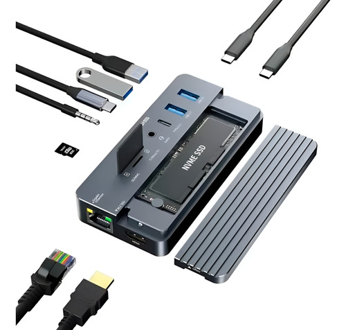 Hub Case Ssd Nvme M.2 Thunderbolt 3/4 Hdmi, Rj45, Usb Cor Prateado