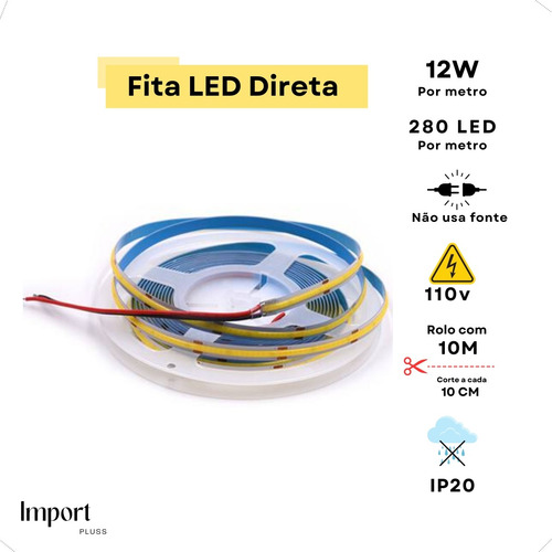 Fita Led Cob 10m Direta 110v/220v Luz Fria/quente/neutra