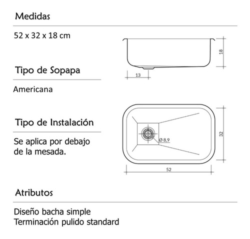 Bacha Cocina Simple Zz52/18 Johnson 52x32x18 Acero Inoxidable