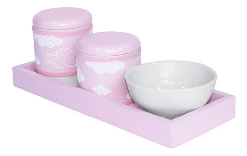 Kit Higiene Bandeja Pote Porcelana Nuvem Chevron Rosa Menina